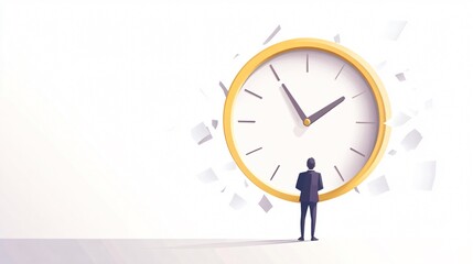 Businessman Standing Before Large Clock with Flying Papers: A Visual Metaphor for Time Management in the Corporate World