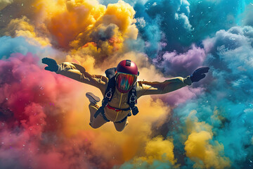 Parachutist with parachute makes heavenly adventure against on nature landscape, abstract vivid composition consists of fictional unreal fantastic vision on background