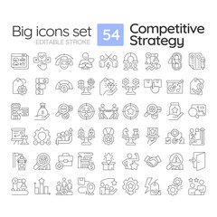 Competitive strategy linear icons set. Comparing business advantage to best competitors. Company growth. Customizable thin line symbols. Isolated vector outline illustrations. Editable stroke