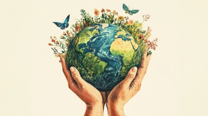 Hands Holding Earth with Blooming Flowers and Butterflies