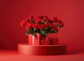 A podium for product presentation on a red background with a gift box and roses in the shape of hearts for Valentine's Day, with white empty space for advertising products or goods. 