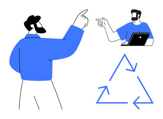 Two people pointing and communicating, one using a laptop. Prominent recycling triangle emphasizing environmental focus. Ideal for teamwork, communication, remote work, sustainability, environmental