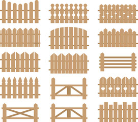 vector set of wooden fences isolated on white background. decorative fences for farm or garden