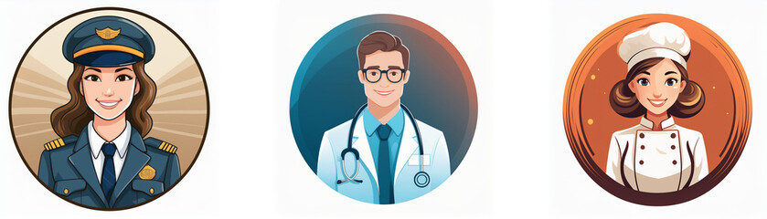 Fototapeta premium Three circular profile pictures depict a pilot, doctor, and chef. Each shows a smiling person in professional attire.