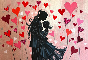 Fototapeta premium Valentine's Day card design. Illustration with oil paint. Pattern for printing on wall decorations, covers, wallpapers