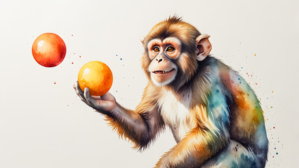 This image is a watercolor illustration of a monkey, holding a shiny, golden orb in its right hand.