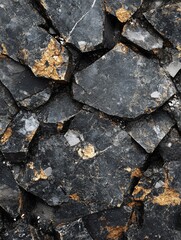 Fototapeta premium Dark textured rock formation with golden highlights and sharp edges creating a natural mosaic