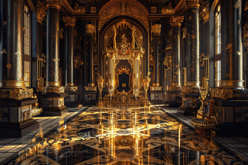 Fototapeta premium Fantastically beautiful throne of power of king or queen in throne room, abstract vivid composition consists of fictional unreal fantastic vision on background
