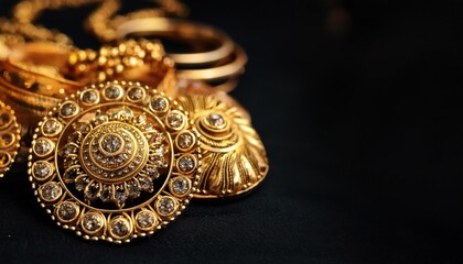 Luxurious Indian Golden Jewelry Displayed Against a Black Backdrop - Jewelry Blur Effect