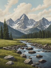 Fototapeta premium Majestic Valley: River Flowing Through Forest to Towering Mountains