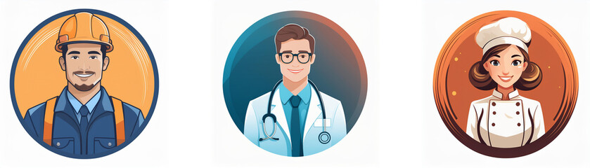 Fototapeta premium Three circular profile icons depict diverse professions: a construction worker, a doctor, and a chef. Each icon features a smiling individual in professional attire.
