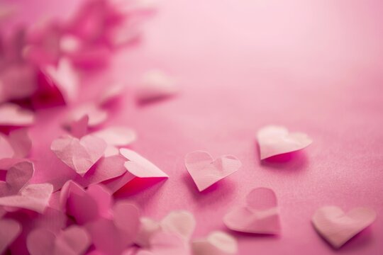 Soft Pink Background with Scattered Paper Hearts in Gentle Light