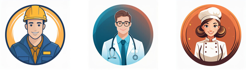 Fototapeta premium Three circular icons depict diverse professions: a construction worker, a doctor, and a chef. Each is illustrated with a friendly, cartoon-like style.