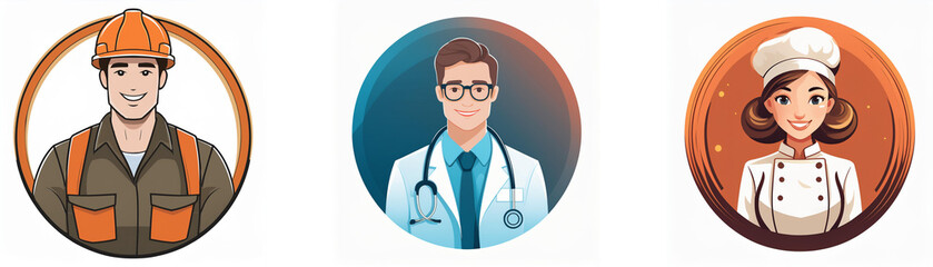 Fototapeta premium Three circular icons depict diverse professionals: a construction worker, a doctor, and a chef. Each icon showcases a friendly, cartoon-style portrait.
