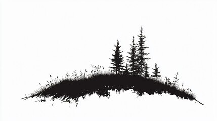 Serene Silhouette: Majestic Pine Trees on a Hilltop - Minimalist Nature Ink Drawing for Tranquil and Scenic Vibes | Black and White Landscape Art