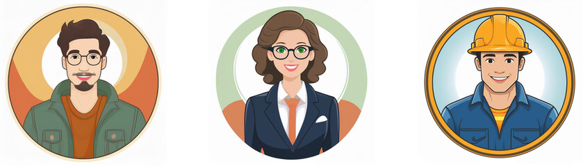 Three diverse professionals are depicted in circular profile images: a man with glasses and a goatee, a woman in a business suit, and a construction worker wearing a hard hat.