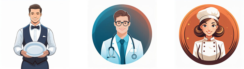 Fototapeta premium Three professionals: a waiter holding a plate, a doctor, and a chef. They represent service, healthcare, and culinary arts.