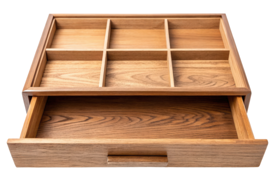 Wooden box with compartments and open drawer isolated with transparent background - Powered by Adobe