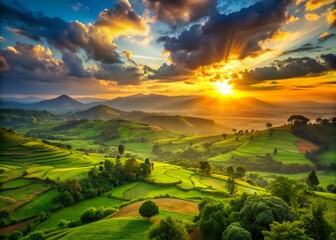 Naklejka premium Vibrant Ethiopian Landscape: Rolling Hills and Lush Greenery at Sunrise