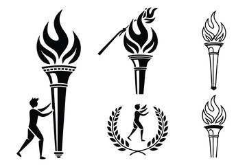Torch icons, black and white silhouettes, flame designs, simple geometric shapes, Olympic torch variations, minimalist torch collection, stylized fire symbols, vector graphics, ancient torch illustrat
