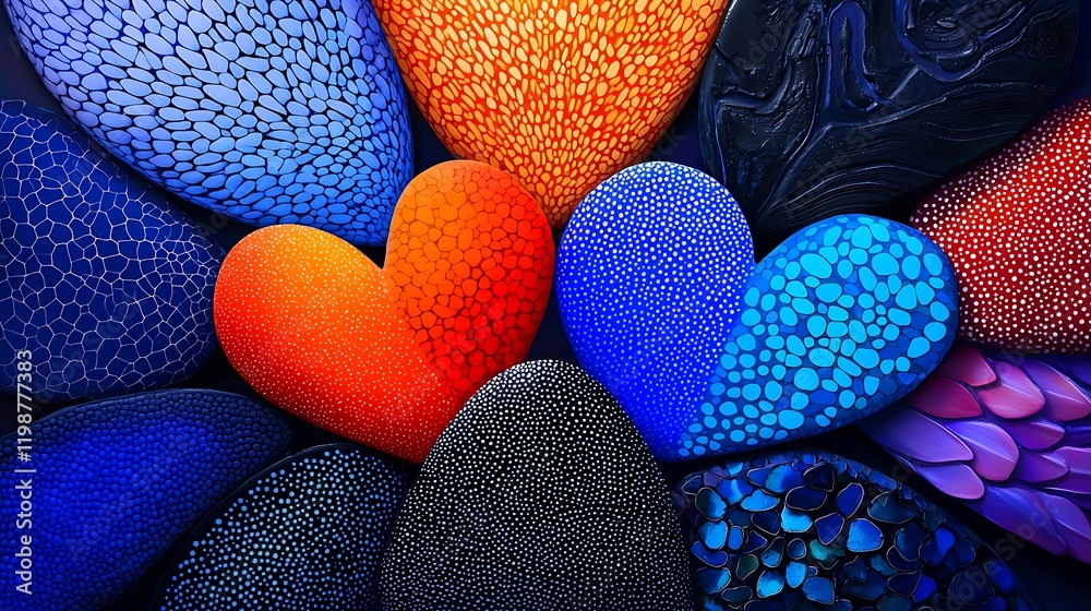 Poster a vibrant and dynamic arrangement of colorful hearts in various textures and patterns for a modern p