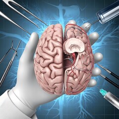 An individual examines a holographic representation of a brain, symbolizing the merging of classic knowledge with contemporary AI concepts in a learning environment