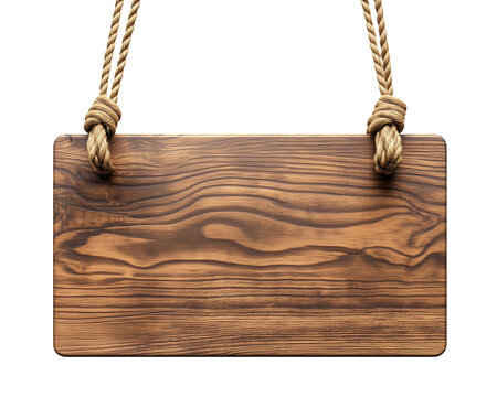 wooden signboard with rope, weathered retro rustic wood blank plank hanging on a rope, cutout png - Powered by Adobe