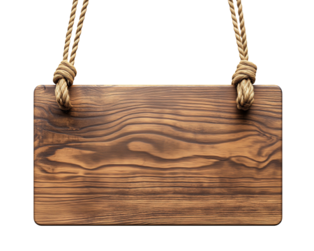 wooden signboard with rope, weathered retro rustic wood blank plank hanging on a rope, cutout png