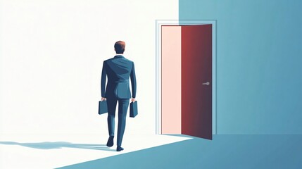 Fototapeta premium Businessman Walks Towards Open Door Symbolizing New Opportunities, Decisions, and Future Prospects in Corporate World