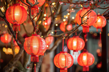 Obraz premium Beautiful holiday composition for happy celebrate chinese festival of lanterns, abstract vivid composition consists of fictional unreal fantastic vision on background