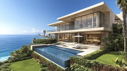 Fototapeta premium Modern Cliffside Mansion with Infinity Pool and Ocean View