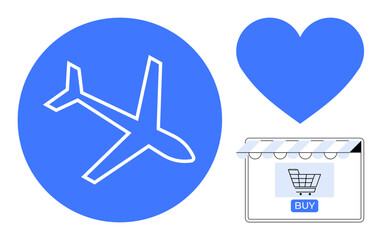 Airplane icon in blue circle, heart shape, and online shopping cart with BUY button. Ideal for travel services, e-commerce platforms, vacation, online booking, customer satisfaction, love for travel