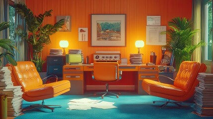 A 1980s inspired office scene with colorful furniture, a rotary phone, and paper stacks