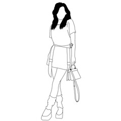 Line art illustration of a stylish young woman wearing modern clothing and holding a handbag. The design emphasizes simplicity,elegance and contemporary fashion trends,suitable for various creative us