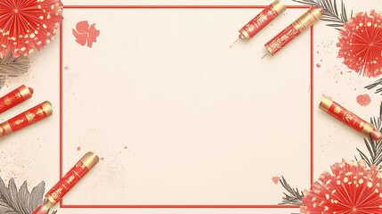 Obraz premium A minimalist rectangular frame with firecracker designs along the edges for Chinese New Year.