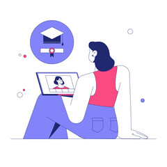 Female Student With Laptop And Graduation Icon In Flat Vector Illustration Symbolizing Online Learning, E Learning, And Digital Graduation, Isolated On White Background