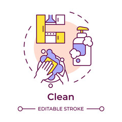Clean multi color concept icon. Tableware washing. Cleaning tools, chemicals. Round shape line illustration. Abstract idea. Graphic design. Easy to use in infographic, presentation