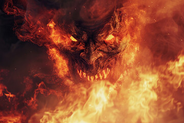 Naklejka premium Scary sinister devil is in hell with dramatic bright fire lighting, abstract vivid composition consists of fictional unreal fantastic vision on background