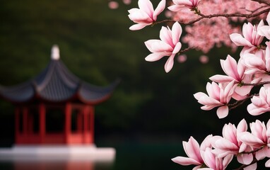 A serene scene featuring blooming pink magnolia flowers in the foreground with a traditional red...