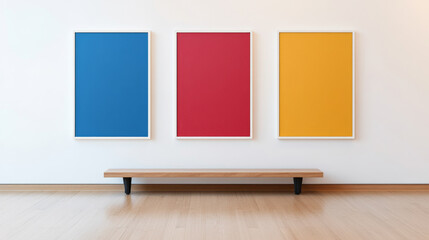 Minimalist gallery space showcasing three colorful abstract canvas paintings with blue, red, and...