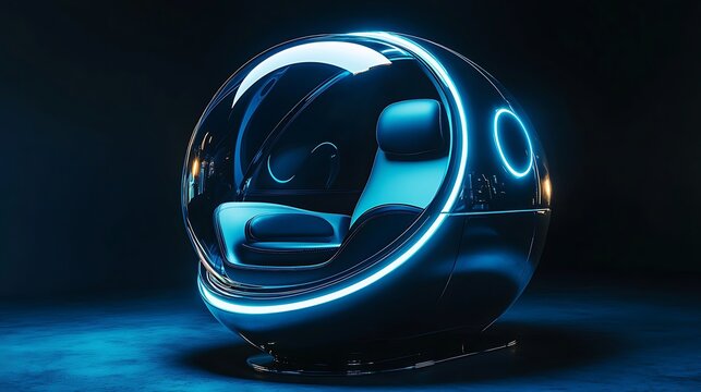 Futuristic pod, glowing, dark studio, transport, relaxation