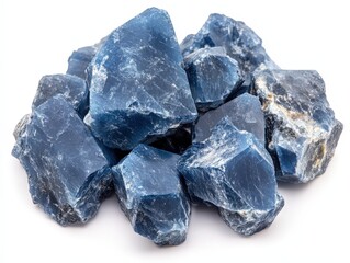 Close-up of a pile of rough, uncut blue azurite stones against a white background.