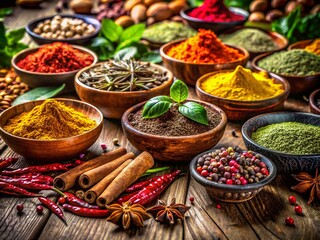 Fototapeta premium Vibrant Indian Herbs: A Candid Close-Up of Aromatic Spices and Leaves