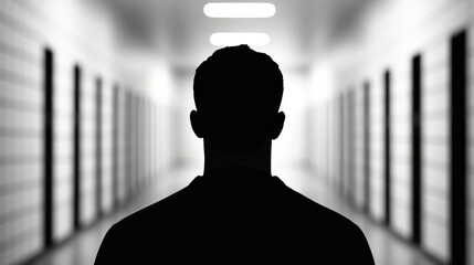 Silhouette of a man's head and shoulders seen against a bright illuminated prison corridor, evoking mystery, introspection, isolation, or contemplation.