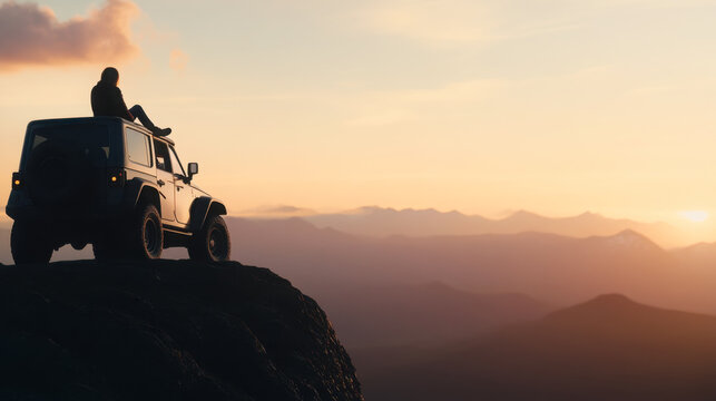Adventure and tranquility - person relaxing on 4x4 suv overlooking breathtaking mountain sunset