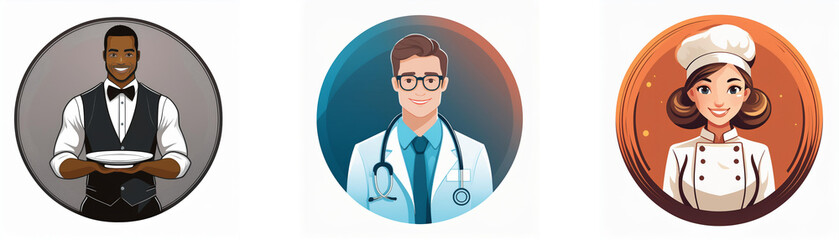 Fototapeta premium Three circular illustrations depict diverse professionals: a waiter, a doctor, and a chef. Each image is a profile headshot against a contrasting background.
