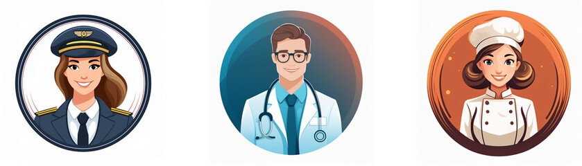 Fototapeta premium Three circular profile icons depict a pilot, doctor, and chef. Each professional is illustrated in a stylized cartoon format.