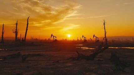 Breathtaking sunset over barren landscape showcasing silhouetted trees against an orange sky with dramatic clouds on the horizon