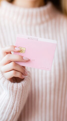 Obraz premium Elegant close-up of hand holding pastel credit card against cozy sweater background