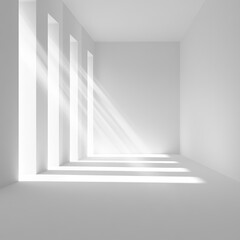 Obraz premium A serene white interior space featuring radiant light streaming through minimalist openings, creating soft shadows and a tranquil atmosphere, ideal for modern design.